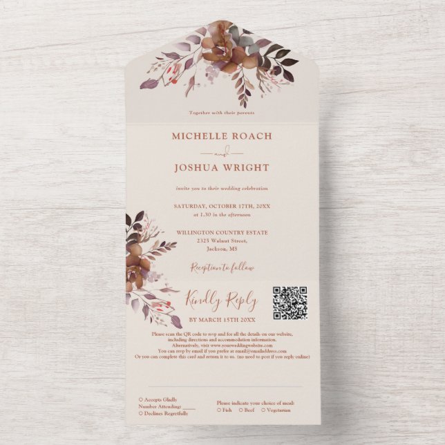 Rustic Floral QR Code Autumn Fall Wedding All In One Invitation (Inside)