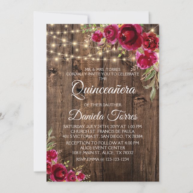 Rustic Floral Quinceañera 15th Invitation (Front)