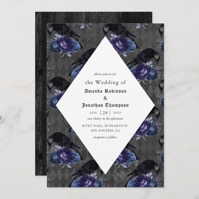 Rustic Floral Raven Gothic Wedding Invitation (Front/Back)