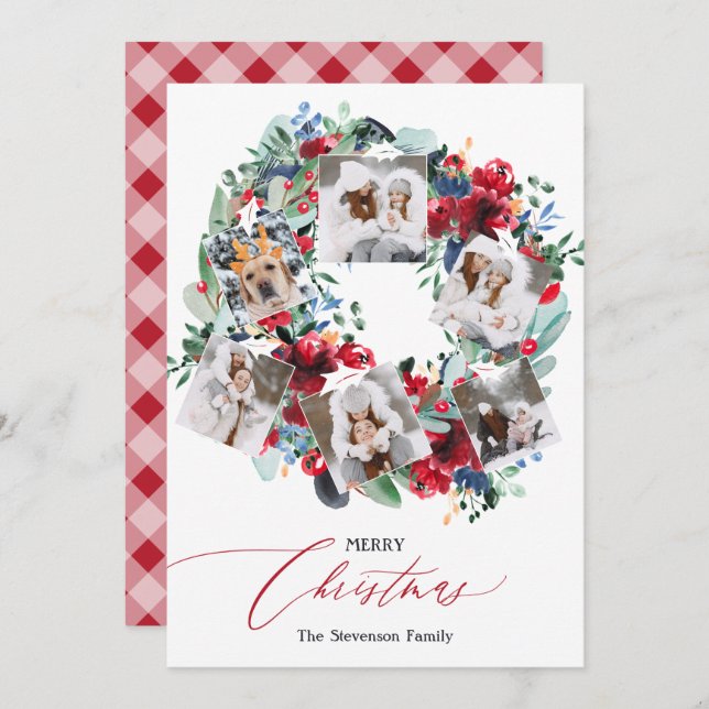Rustic floral red 6 photos Christmas wreath Holiday Card (Front/Back)