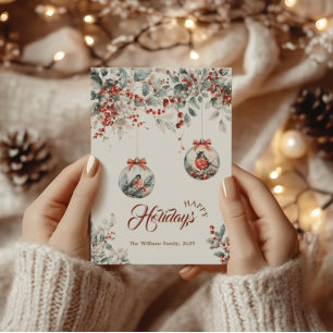 Rustic Floral Red Bullfinch Bird Snow Christmas Holiday Card