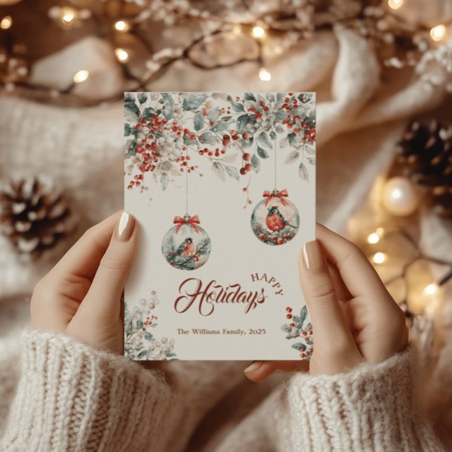 Rustic Floral Red Bullfinch Bird Snow Christmas  Holiday Card (Creator Uploaded)