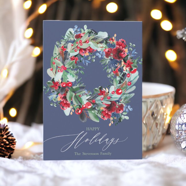 Rustic floral red chic blue Christmas wreath happy Holiday Card (Rustic floral red chic blue Christmas wreath happy Holiday Card)