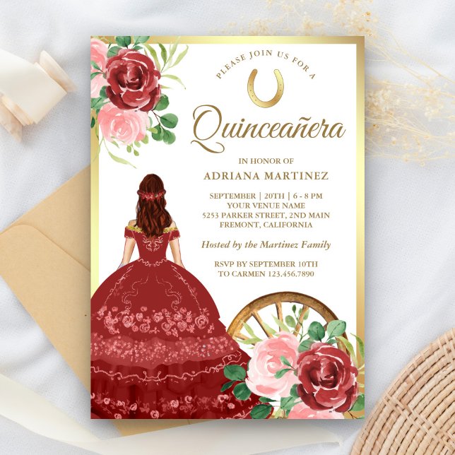 Rustic Floral Red Dress Charro Gold Quinceanera Invitation (Creator Uploaded)