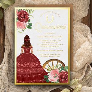Rustic Floral Red Dress Charro Quinceanera Gold