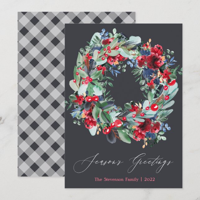 Rustic floral red grey Christmas wreath Holiday Card (Front/Back)
