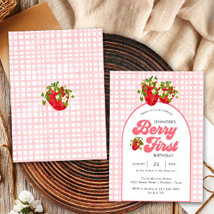 Rustic Floral Red Strawberry Berry First Birthday Invitation