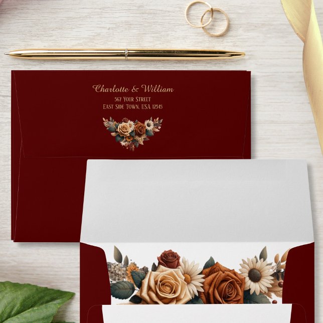 Rustic floral Return AddressPrint Burgundy Wedding Envelope (Creator Uploaded)