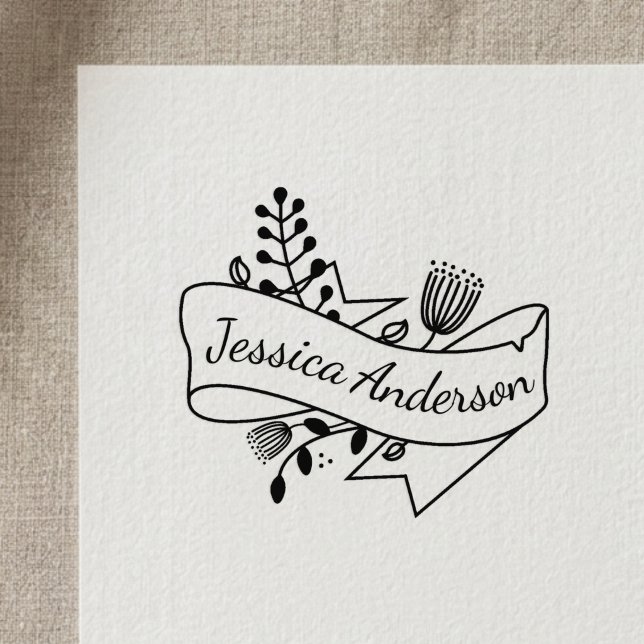Rustic Floral Ribbon Badge Personalised Name Rubber Stamp (Creator Uploaded)