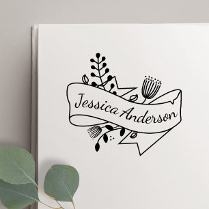 Rustic Floral Ribbon Badge Personalised Name Self-inking Stamp