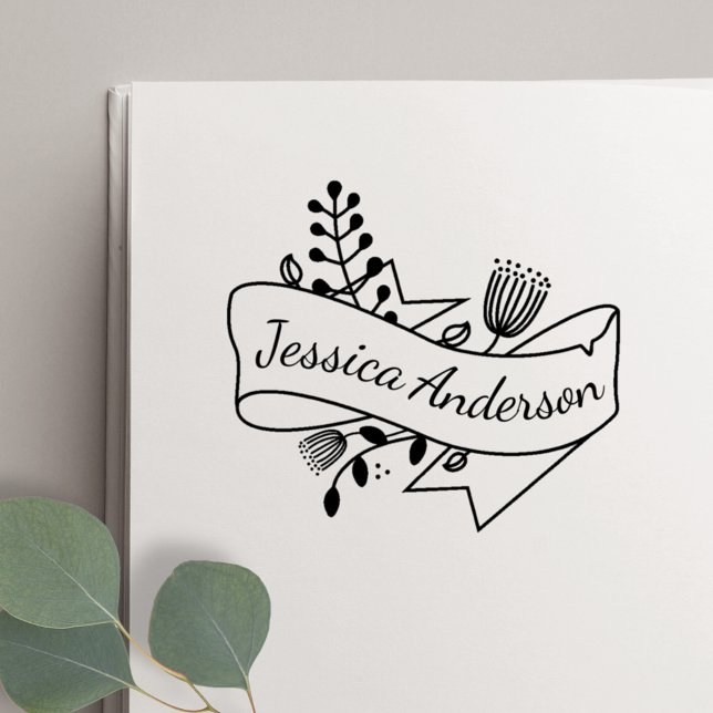 Rustic Floral Ribbon Badge Personalised Name Self-inking Stamp (Creator Uploaded)