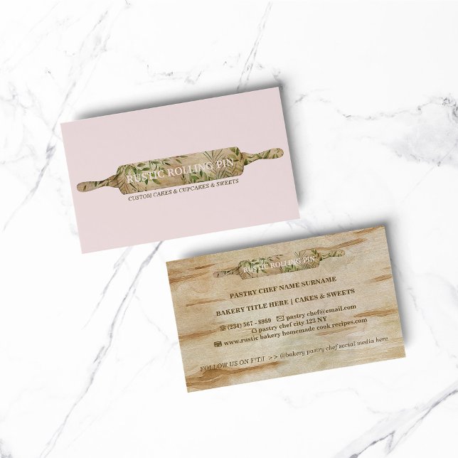Rustic Floral Rolling Pin Bakery Chef Business Card (BAKERY PASTRY CHEF COOK CAKE event planner business)