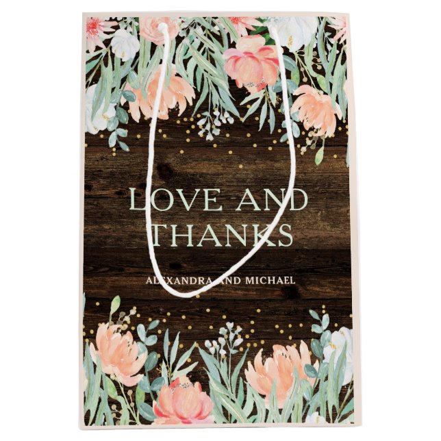 Rustic Floral Romance | Watercolor Wedding Medium Gift Bag (Front)