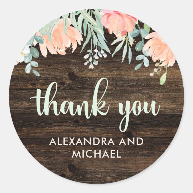 Rustic Floral Romance Wedding | Thank You Classic Round Sticker (Front)