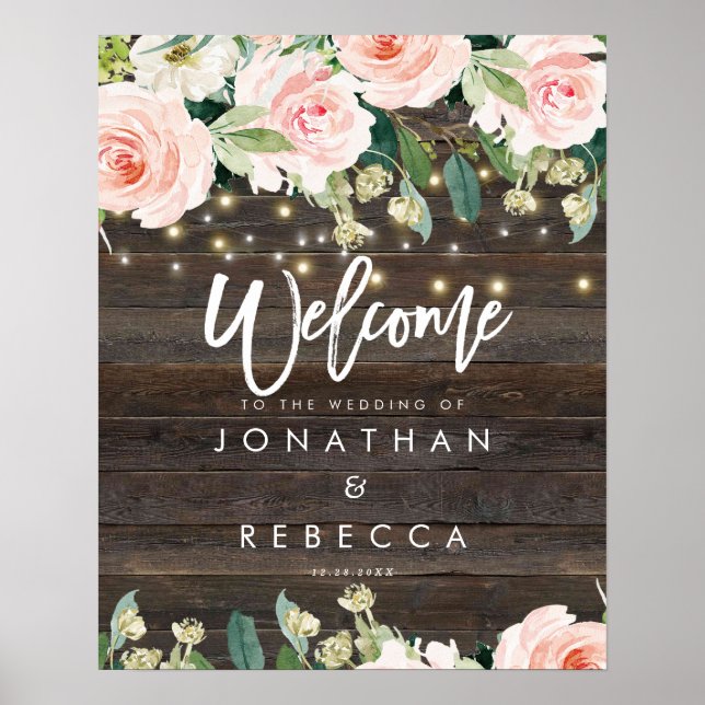 rustic floral roses wedding welcome sign poster (Front)