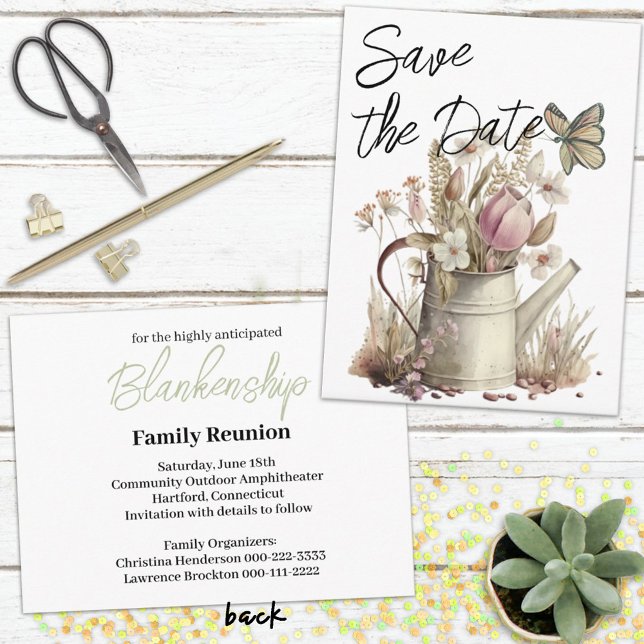 Rustic Floral Save The Date Family Reunion   Announcement Postcard (Quaint watering can save the date postcard ready for your family reunion planning  .)