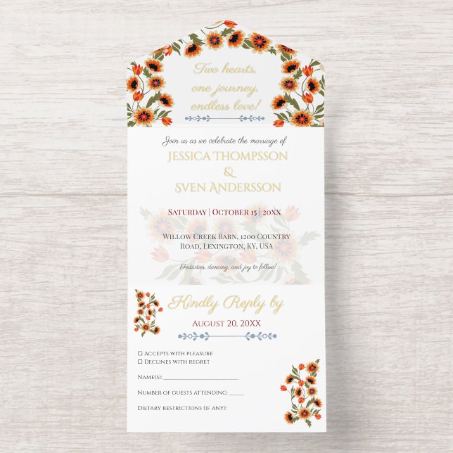 Rustic Floral Scandinavian Folk-Inspired Wedding All In One Invitation (Inside)