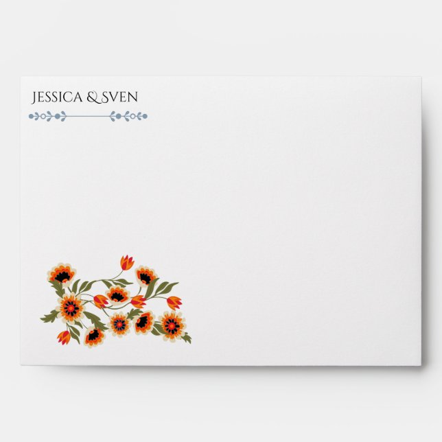 Rustic Floral Scandinavian Folk-Inspired Wedding Envelope (Front)