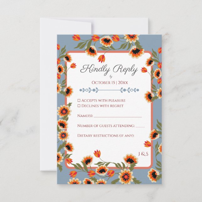 Rustic Floral Scandinavian Folk-Inspired Wedding RSVP Card (Front)