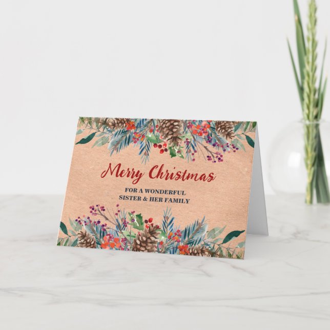 Rustic Floral Sister & Family Merry Christmas Card (Front)