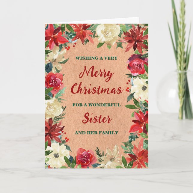 Rustic Floral Sister & Family Merry Christmas Card (Front)