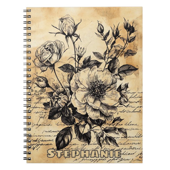 Rustic Floral Sketch with Calligraphy - Aged (10) Notebook (Front)