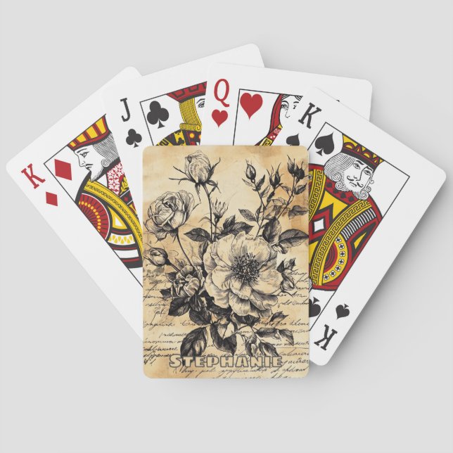Rustic Floral Sketch with Calligraphy - Aged (10) Playing Cards (Back)