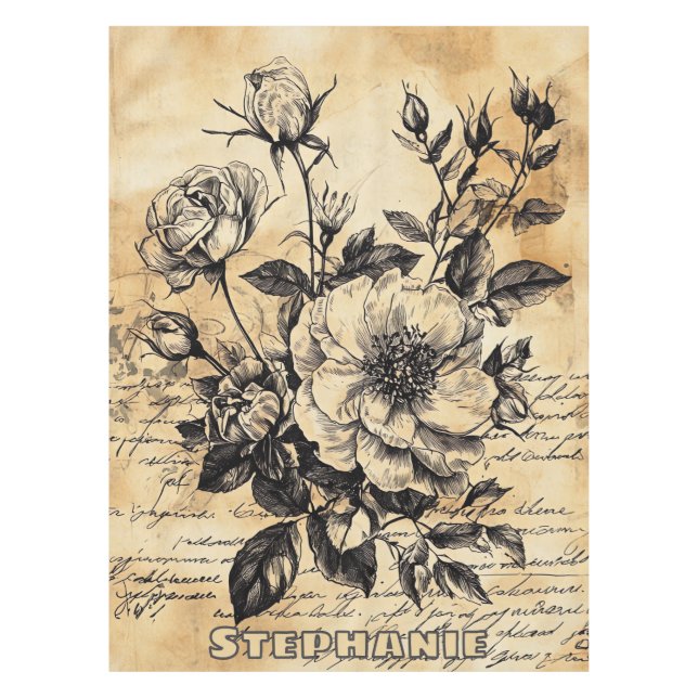 Rustic Floral Sketch with Calligraphy - Aged (10) Tablecloth (Front)