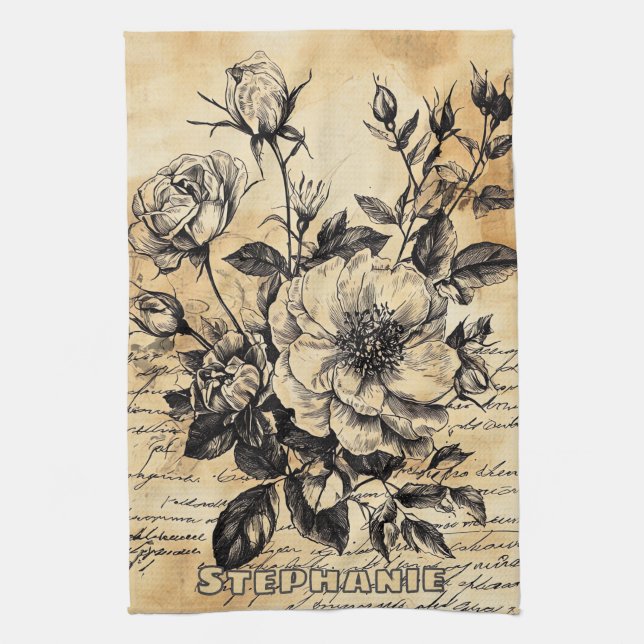 Rustic Floral Sketch with Calligraphy - Aged (10) Tea Towel (Vertical)