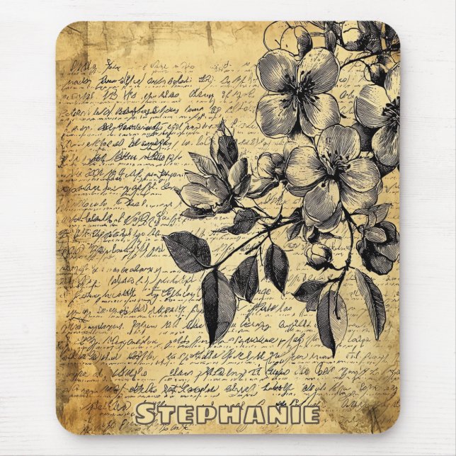 Rustic Floral Sketch with Calligraphy - Aged (1) Mouse Pad (Front)