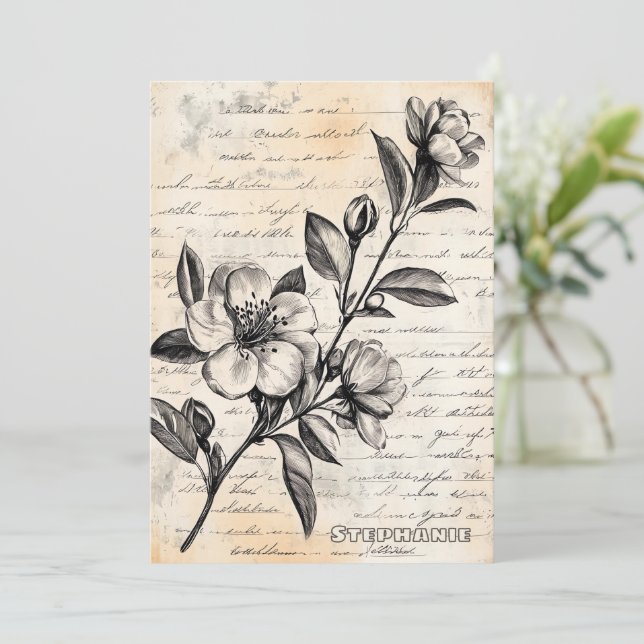 Rustic Floral Sketch with Calligraphy - Aged (2) (Standing Front)