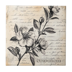 Rustic Floral Sketch with Calligraphy - Aged (2) Tile