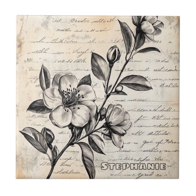 Rustic Floral Sketch with Calligraphy - Aged (2) Tile (Front)