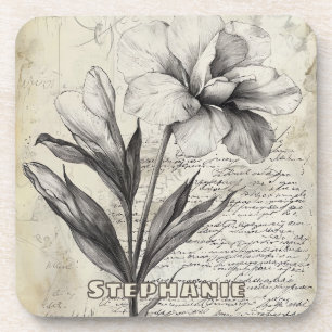 Rustic Floral Sketch with Calligraphy - Aged (3) Coaster