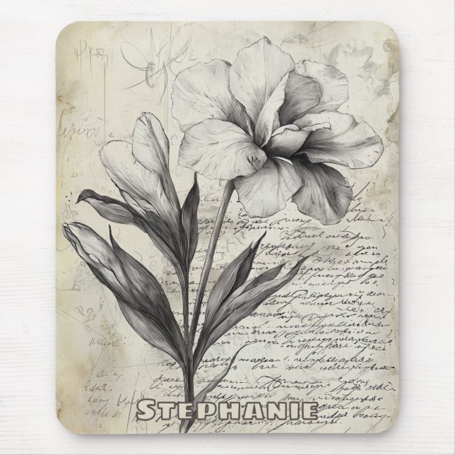 Rustic Floral Sketch with Calligraphy - Aged (3) Mouse Pad (Front)