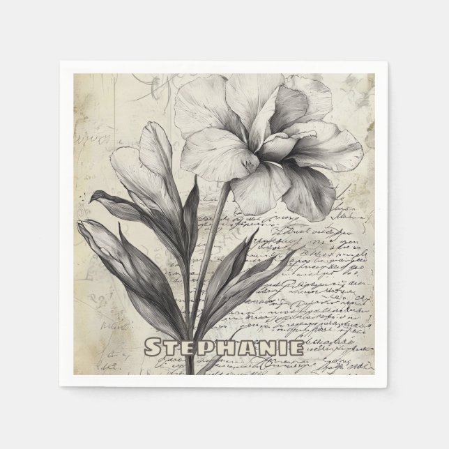 Rustic Floral Sketch with Calligraphy - Aged (3) Napkin (Front)