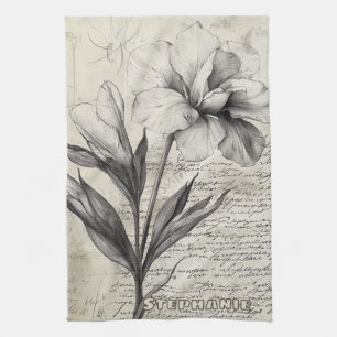 Rustic Floral Sketch with Calligraphy - Aged (3) Tea Towel