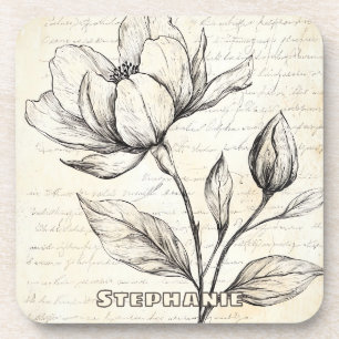 Rustic Floral Sketch with Calligraphy - Aged (4) Coaster