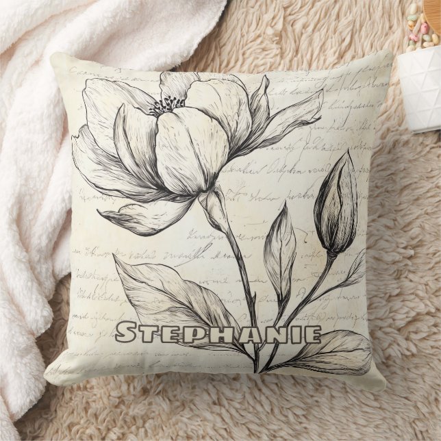 Rustic Floral Sketch with Calligraphy - Aged (4) Cushion (Blanket)