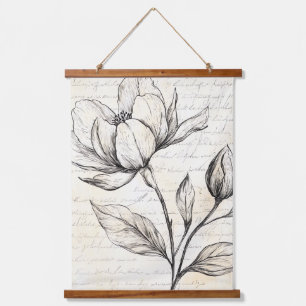 Rustic Floral Sketch with Calligraphy - Aged (4) Hanging Tapestry