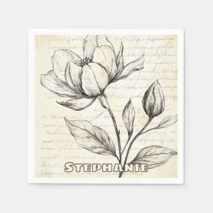 Rustic Floral Sketch with Calligraphy - Aged (4) Napkin