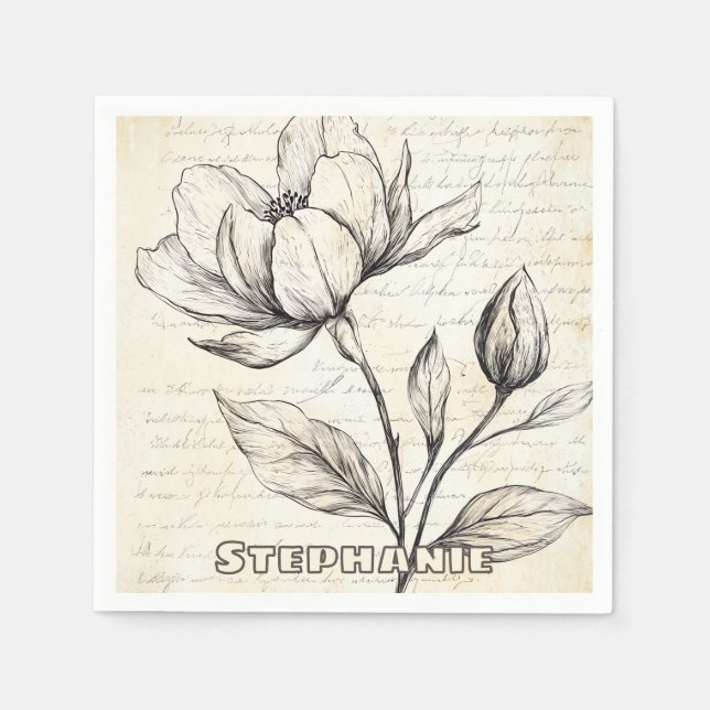 Rustic Floral Sketch with Calligraphy - Aged (4) Napkin (Front)