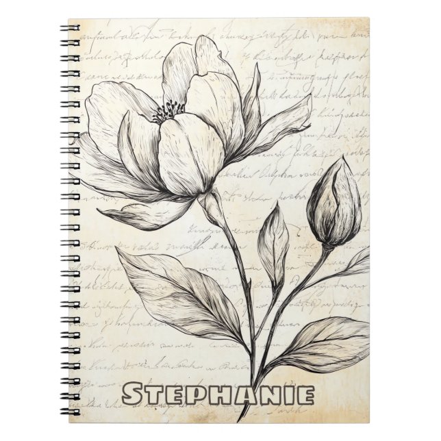 Rustic Floral Sketch with Calligraphy - Aged (4) Notebook (Front)