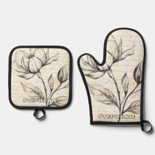 Rustic Floral Sketch with Calligraphy - Aged (4) Oven Mitt & Pot Holder Set