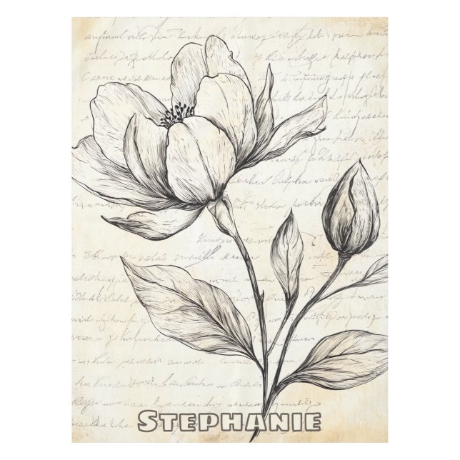 Rustic Floral Sketch with Calligraphy - Aged (4) Tablecloth (Front)
