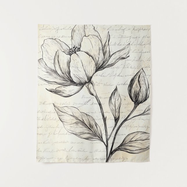 Rustic Floral Sketch with Calligraphy - Aged (4) Tapestry (Front)