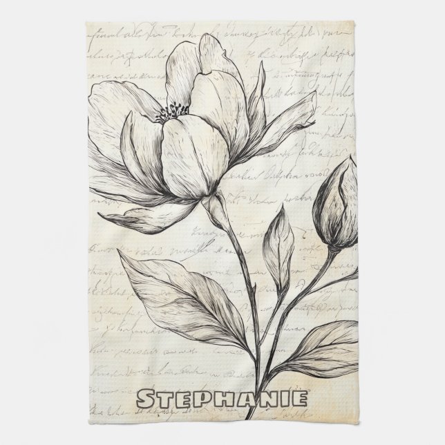 Rustic Floral Sketch with Calligraphy - Aged (4) Tea Towel (Vertical)