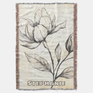 Rustic Floral Sketch with Calligraphy - Aged (4) Throw Blanket