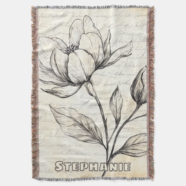 Rustic Floral Sketch with Calligraphy - Aged (4) Throw Blanket (Front Vertical)
