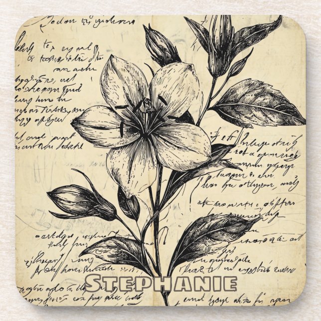 Rustic Floral Sketch with Calligraphy - Aged (5) Coaster (Front)
